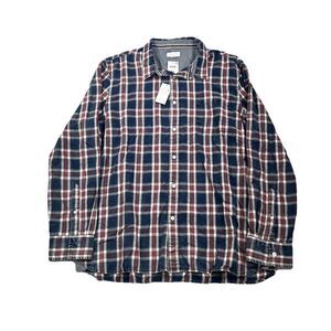 Sun + Stone Dio Plaid Shirt Mens 2XL Navy Blue‎ Red Long Sleeve Button